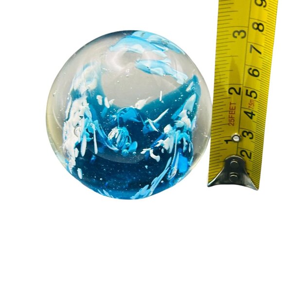 Art Glass Clear Round Paperweight with Controlled Bubbles Waves 3 Blue Dolphins - Picture 16 of 16